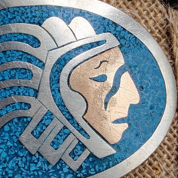Vintage Alpaca Mexico Belt Buckle Blue Inlay Native Chief 3.5x2.5 - Picture 4 of 5